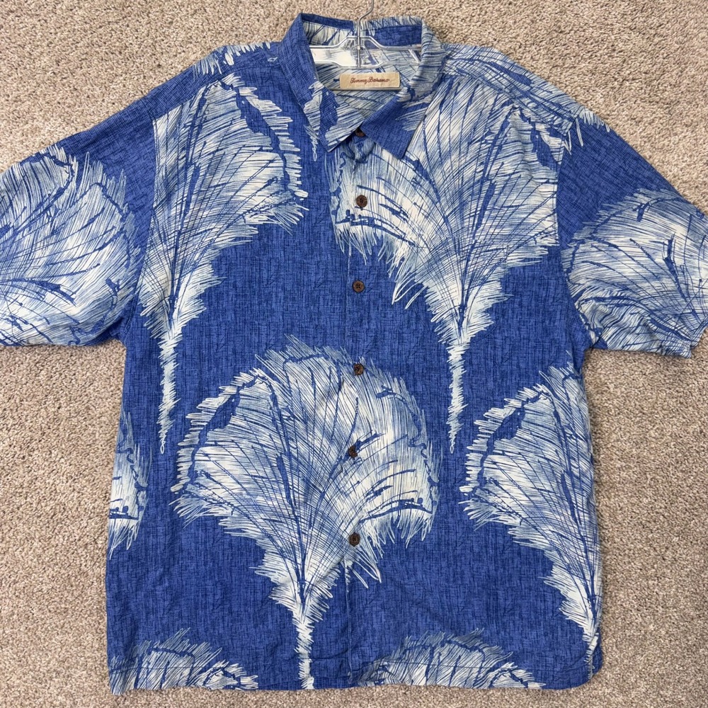 Tommy Bahama Shirt Mens XL Palm Frond Blue Button-Down Silk EUC